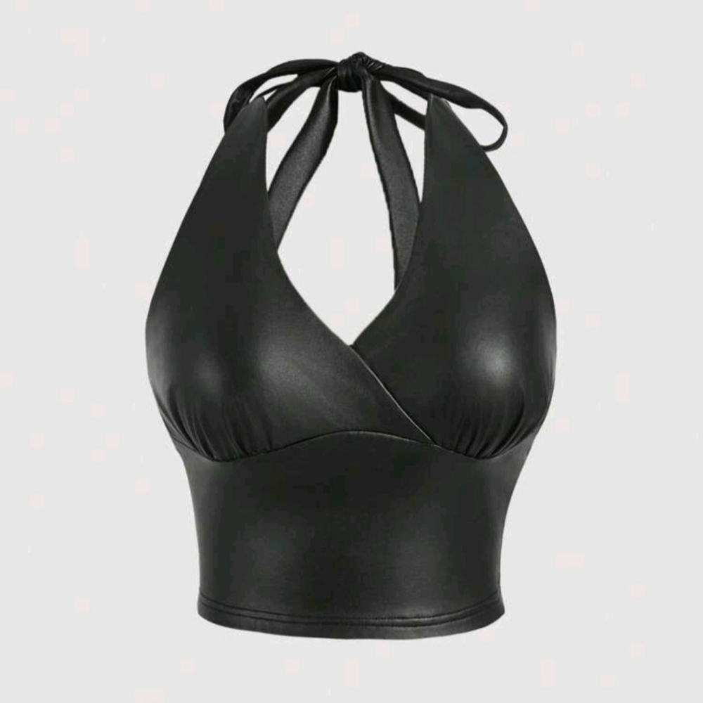 SheIn Mod Plus Size Faux Leather Halter Crop Top